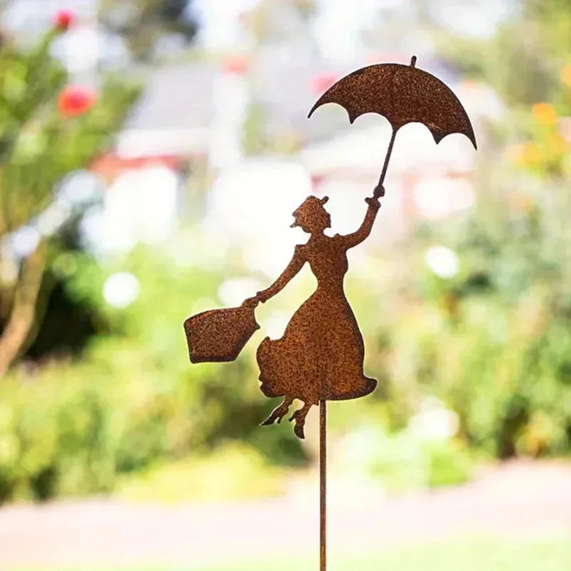 Vintage Gartenstecker Dame mit Schirm – Romantische Metall-Figur