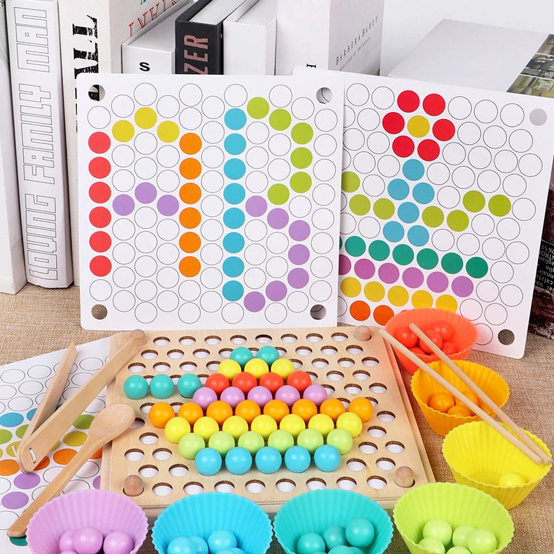 Montessori Holz-Perlenspiel mit Klemme & Stäbchen – Umfassendes Frühförderungs-Lernspielzeug für Kinder ab 3 Jahren