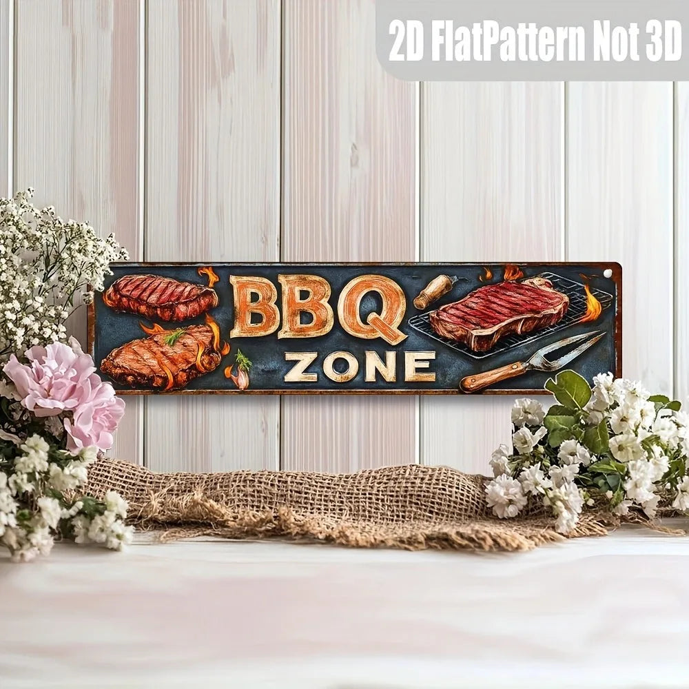 Retro BBQ Zone Metal Sign - Vintage Metal Wall Decor