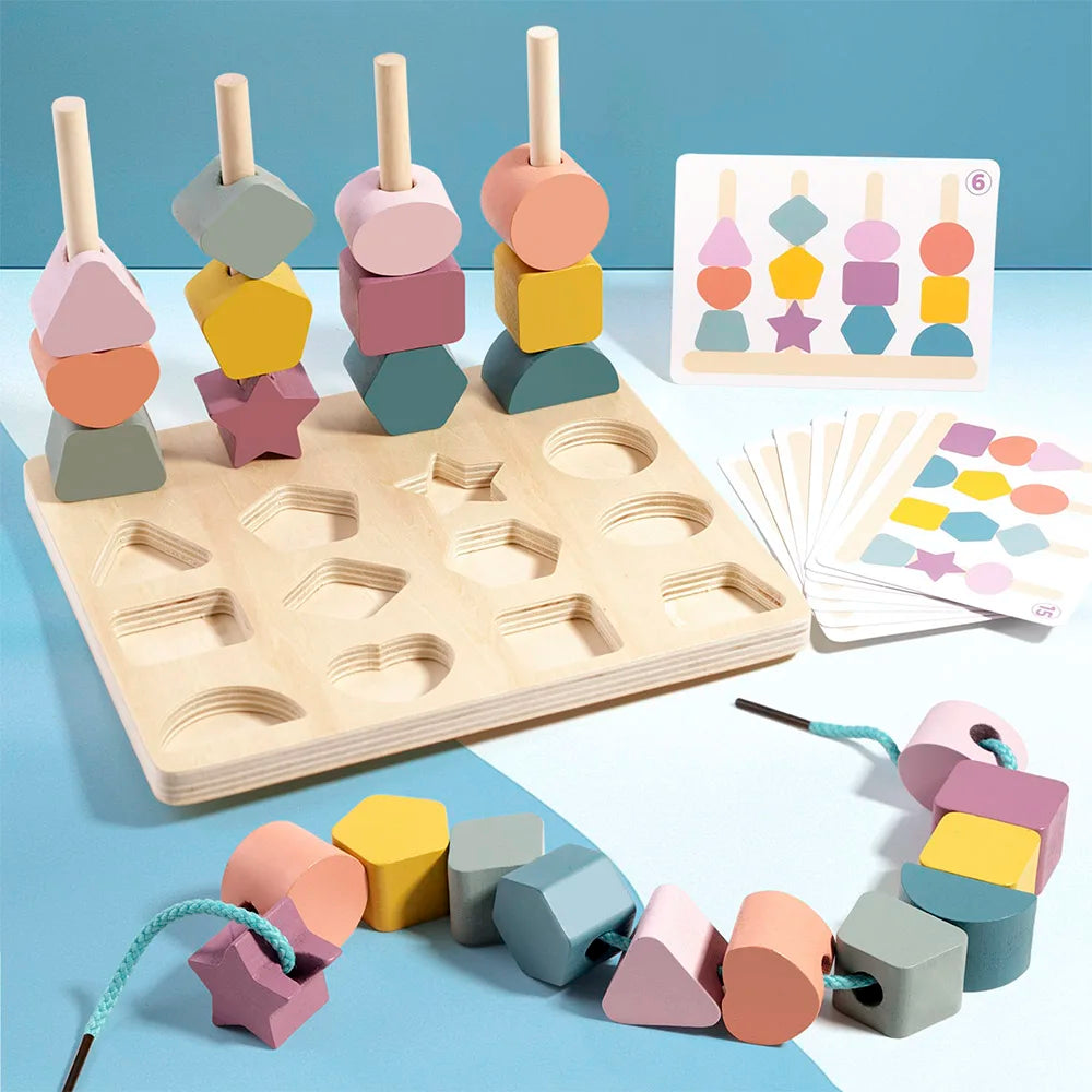 Montessori Holzpuzzle mit bunten Perlen & Karten – Farb- & Formensortierspiel für Kinder ab 3 Jahren