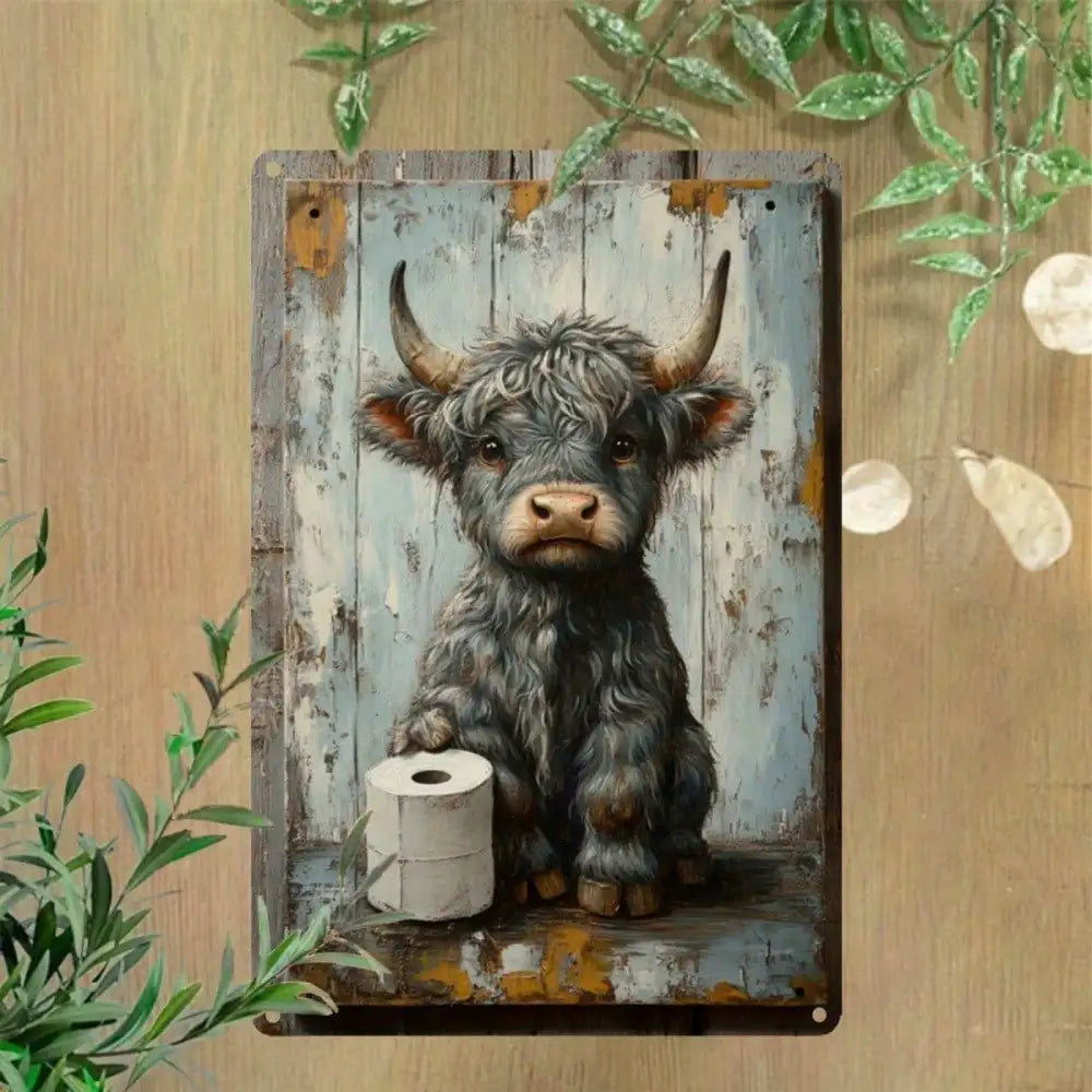 Metallschild Highland-Kuh mit Toilettenpapier – Witzige Vintage-Wanddeko