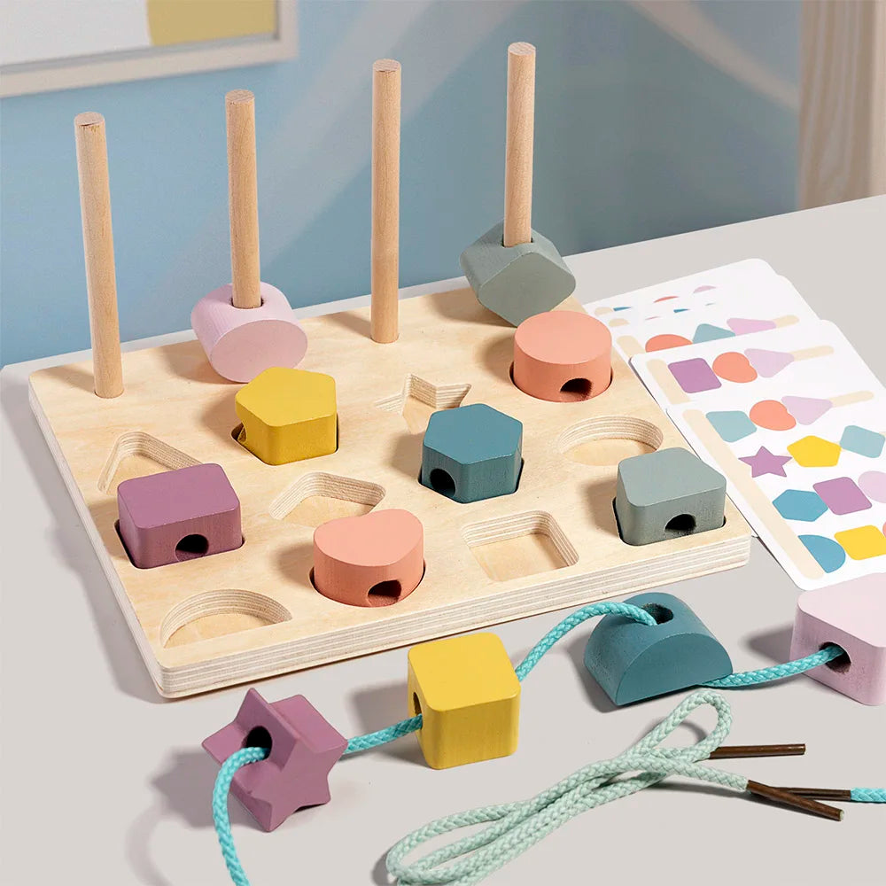 Montessori Holzpuzzle mit bunten Perlen & Karten – Farb- & Formensortierspiel für Kinder ab 3 Jahren