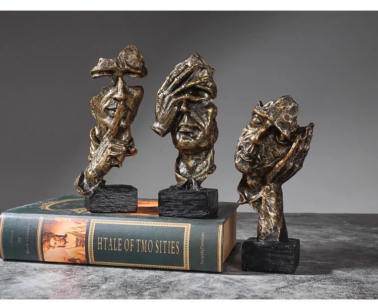 3er-Set Abstrakte Skulpturen „Schweigen ist Gold“ – 16 cm Resin