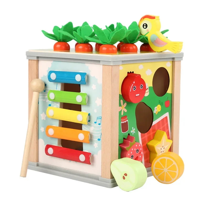 Montessori Holz Perlen-Labyrinth-Würfel – Multifunktionales Lernspielzeug mit Xylophon & Uhr (3–12 Jahre)