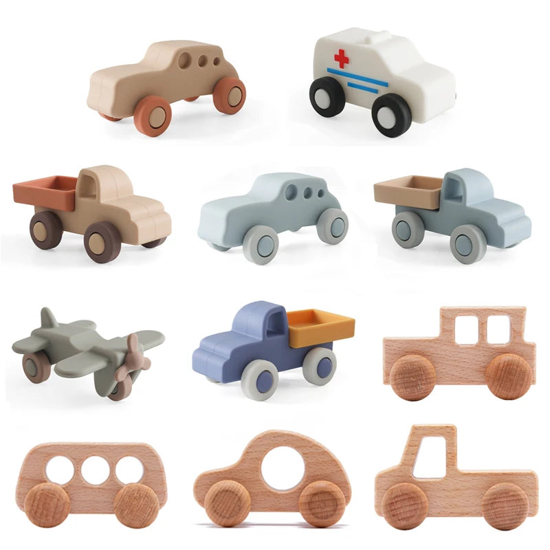 BPA-freies Silikon & Holz-Beißring in Fahrzeugform – Montessori Zahnungs-Spielzeug für Babys & Kleinkinder ab 1 Jahr
