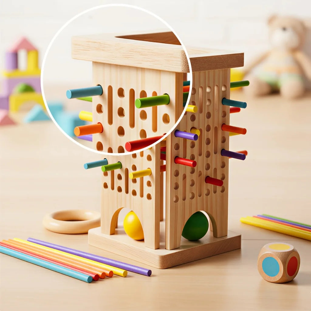 Montessori Holz-Stäbchenspiel – Buntes Würfelspiel mit Mathe & Feinmotorik (ab 3 Jahre)