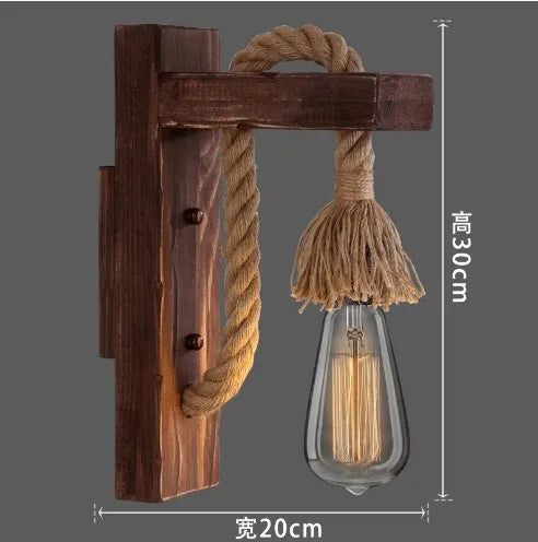 Retro Wandlampe aus Holz & Hanfseil – E27 Edison-Fassung