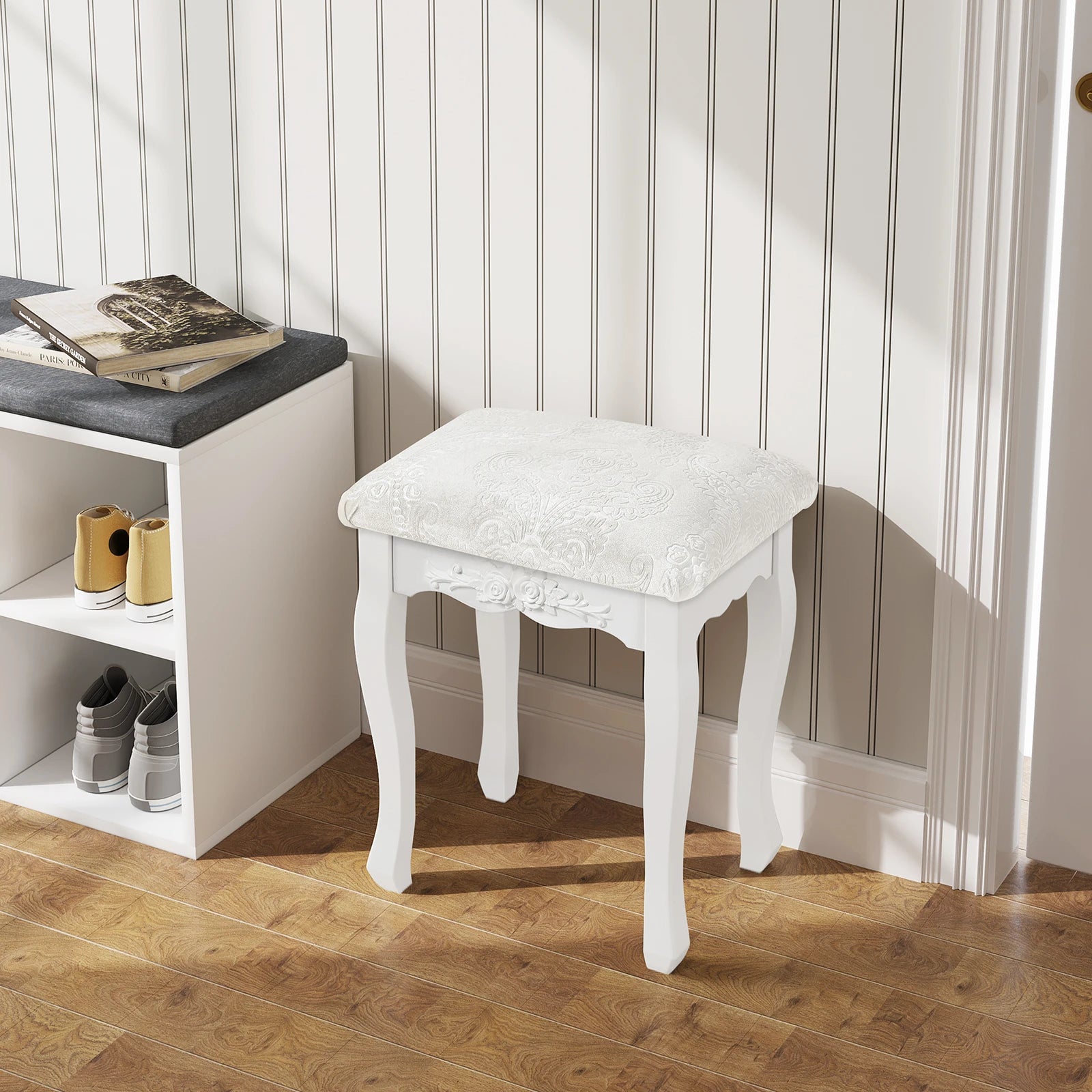 Barock Schminkstuhl Cremeweiß – Gepolsterter Vintage Hocker für Schlafzimmer & Schminktisch