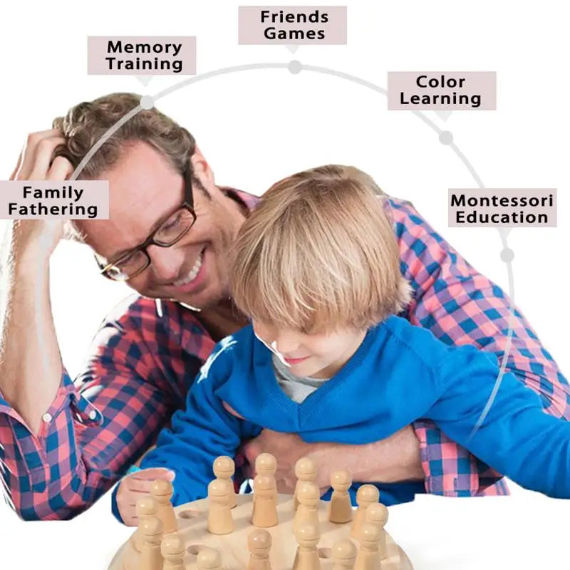 Montessori Gedächtnisschach aus Holz – Farblernspiel mit Würfel & Spielsteinen für Kinder ab 3 Jahren
