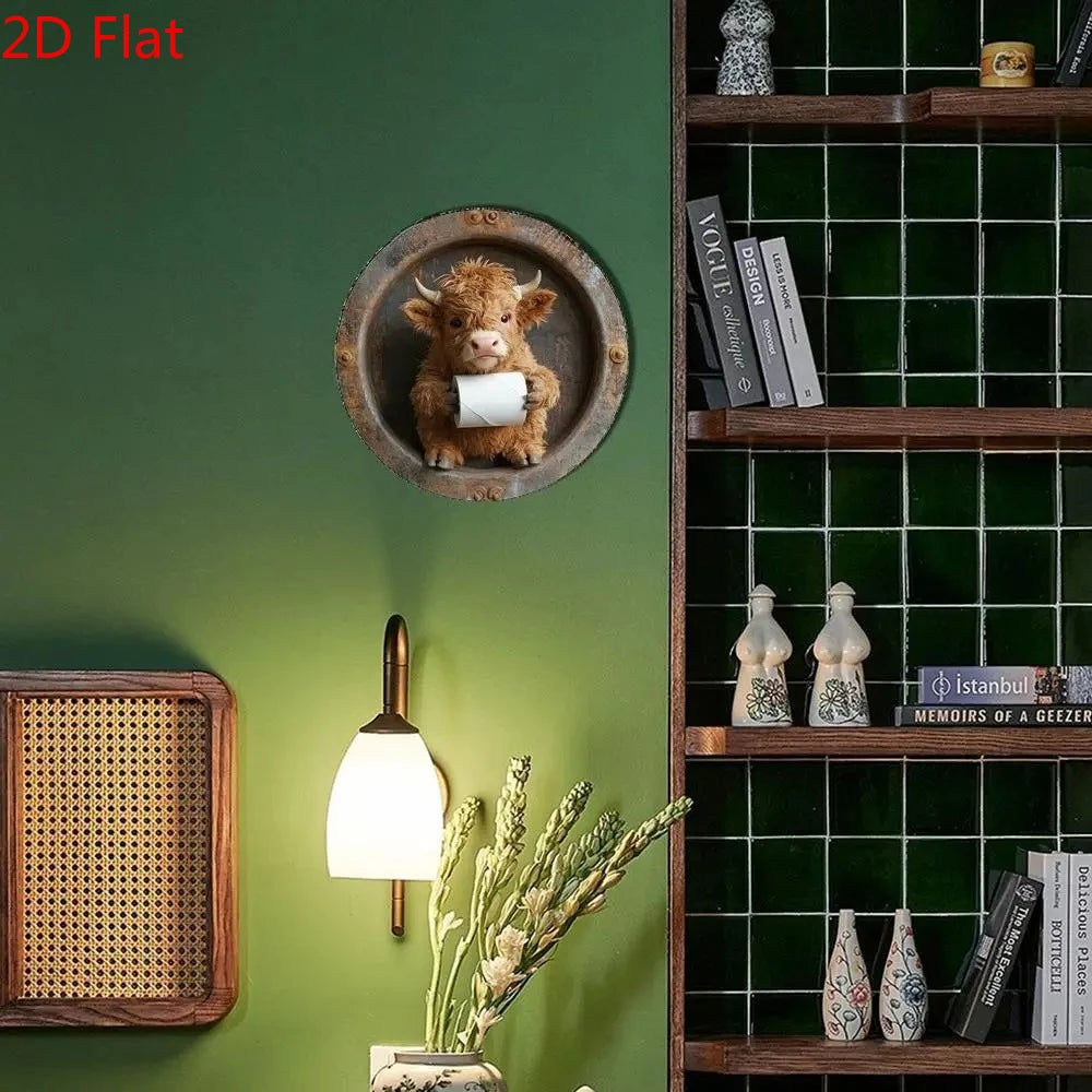 Rundes Metallschild Highland-Kuh – Retro-Wanddeko mit Kuhhumor fürs Bad & mehr