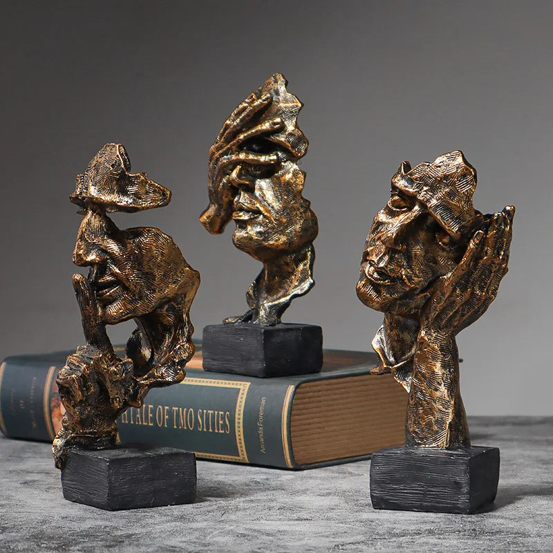 3er-Set Abstrakte Skulpturen „Schweigen ist Gold“ – 16 cm Resin