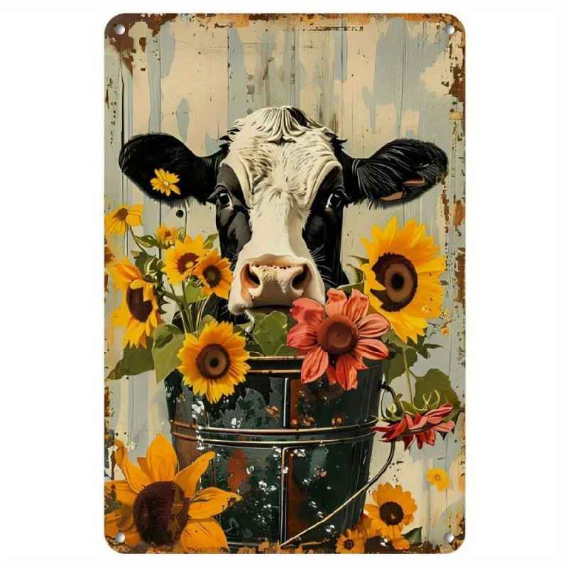 Vintage Kuh & Sonnenblumen Metallschild – Rustikale Wanddeko