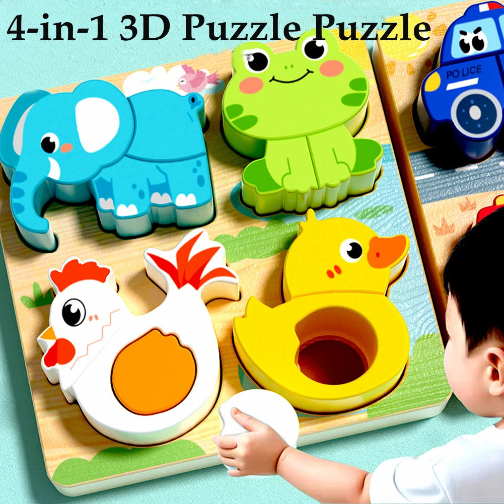 4-in-1 Holzpuzzle Tiere – 3D Lernpuzzle aus Holz für Kinder (3–12 Jahre)