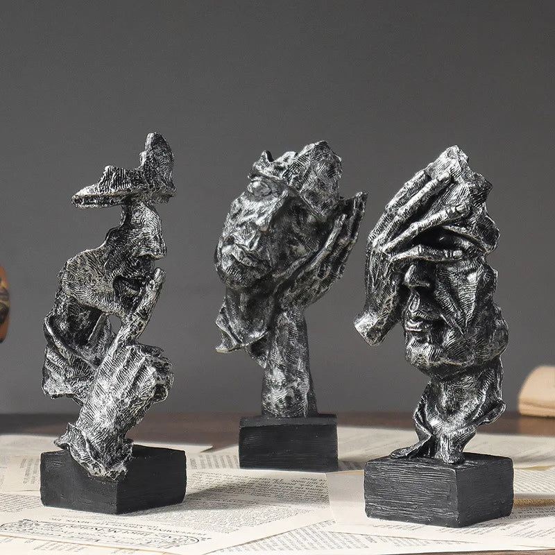 3er-Set Abstrakte Skulpturen „Schweigen ist Gold“ – 16 cm Resin