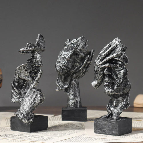 3er-Set Abstrakte Skulpturen „Schweigen ist Gold“ – 16 cm Resin