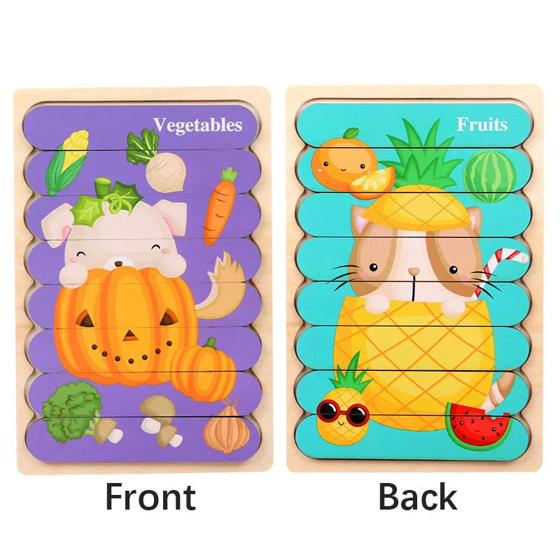 Doppelseitiges Holzpuzzle mit Cartoon-Tieren – Montessori Lernspielzeug für Kinder ab 3 Jahren