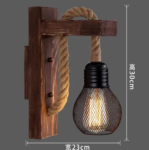 Retro Wandlampe aus Holz & Hanfseil – E27 Edison-Fassung