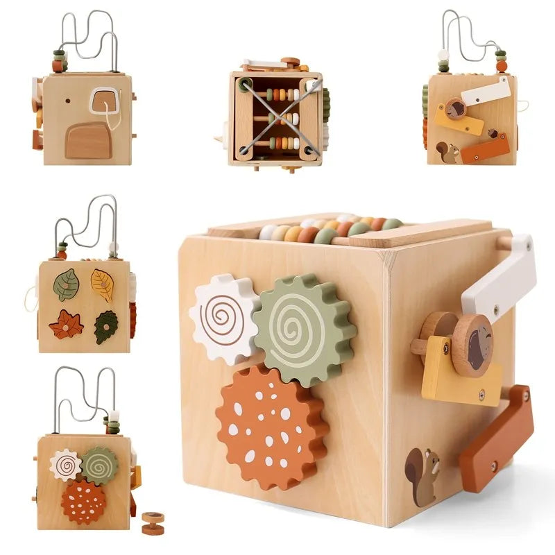 5-in-1 Holz-Aktivitätswürfel Waldthema – Montessori Lernspielzeug (ab 1 Jahr)