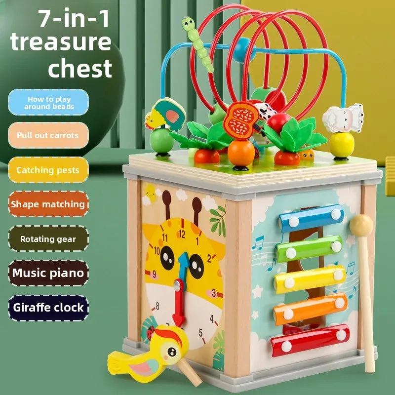 Montessori Holz Perlen-Labyrinth-Würfel – Multifunktionales Lernspielzeug mit Xylophon & Uhr (3–12 Jahre)