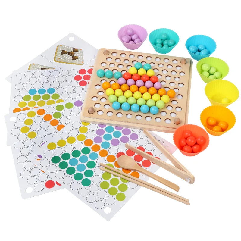 Montessori Holz-Perlenspiel mit Klemme & Stäbchen – Umfassendes Frühförderungs-Lernspielzeug für Kinder ab 3 Jahren