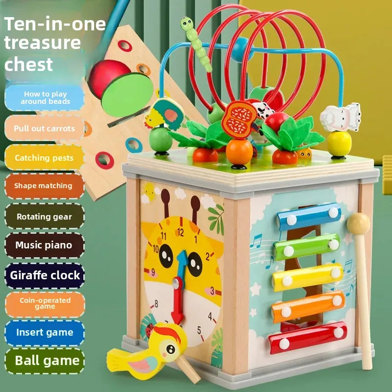 Montessori Holz Perlen-Labyrinth-Würfel – Multifunktionales Lernspielzeug mit Xylophon & Uhr (3–12 Jahre)