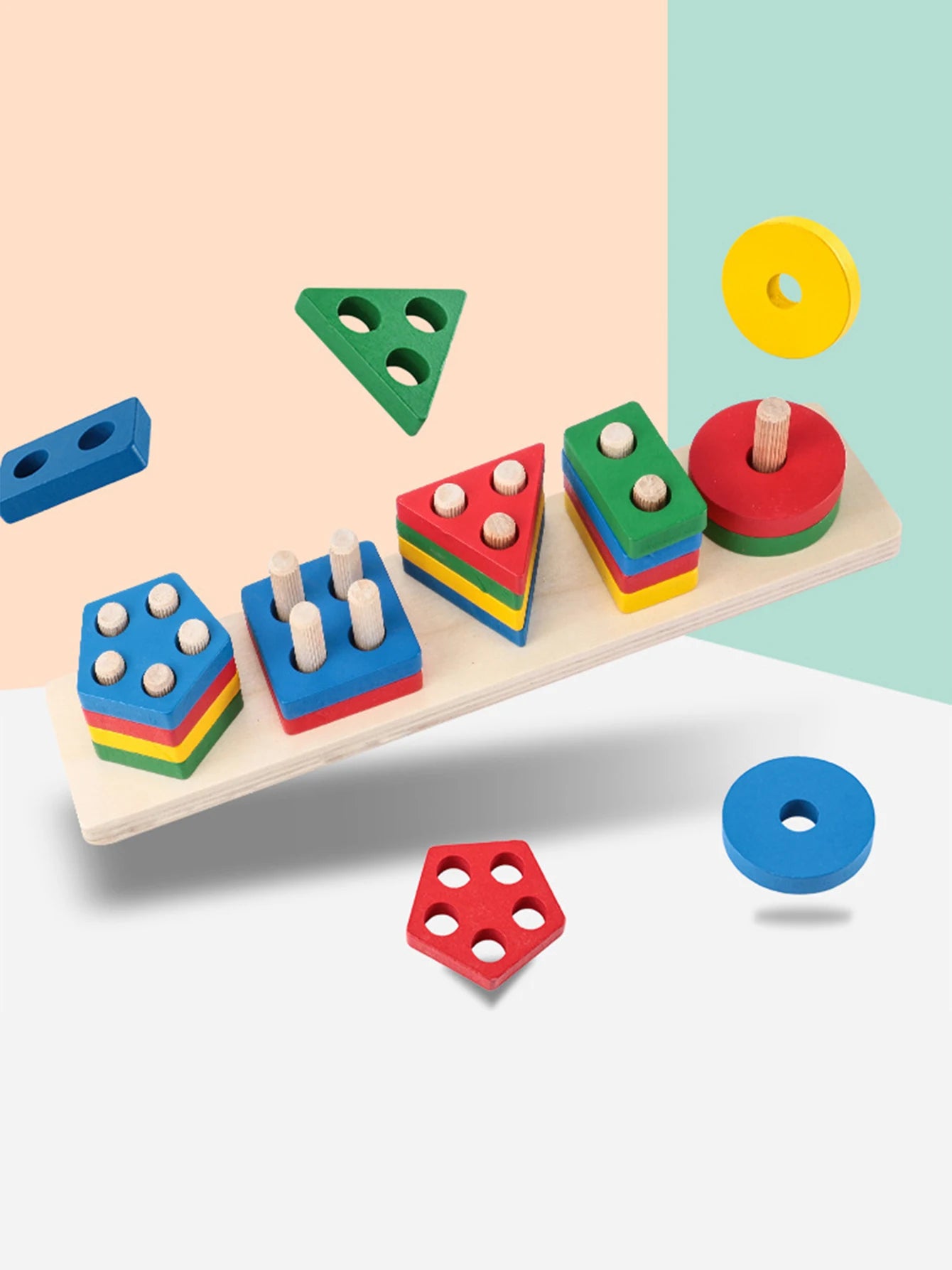 Montessori Holz-Geometriespielzeug – Buntes Stapel- & Sortierspielzeug für Kleinkinder & Vorschulkinder ab 3 Jahren
