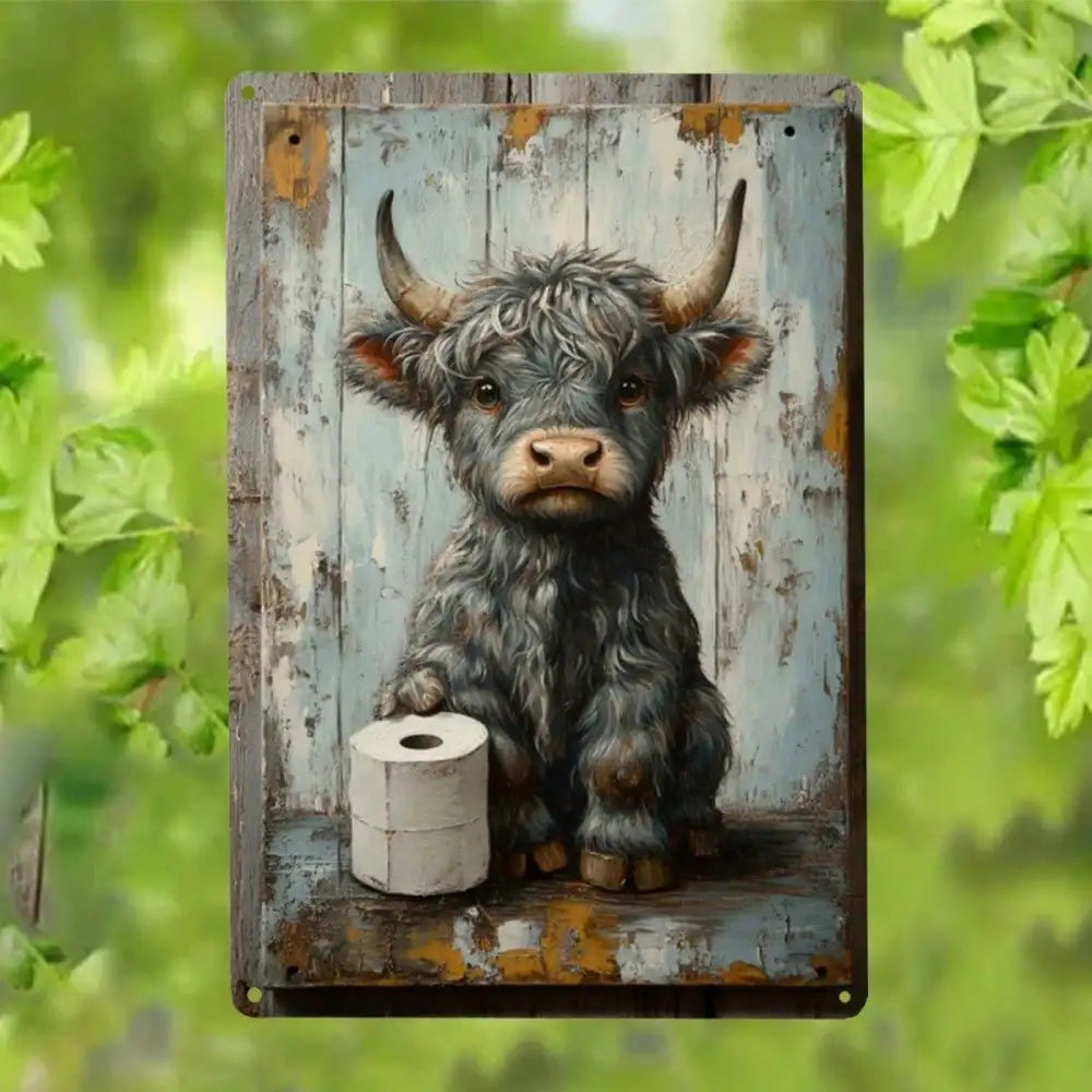 Metallschild Highland-Kuh mit Toilettenpapier – Witzige Vintage-Wanddeko