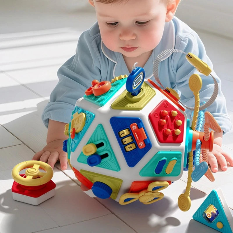 Montessori Busy Board Würfel – Sensorisches Lernspielzeug für Kleinkinder ab 0 Jahren