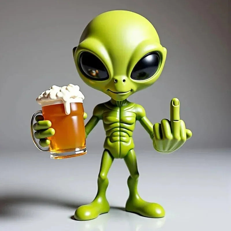 Alien Bier-Skulptur aus Harz – Witzige Gartenfigur mit lustigem Ausdruck, wetterfest für Innen & Außen