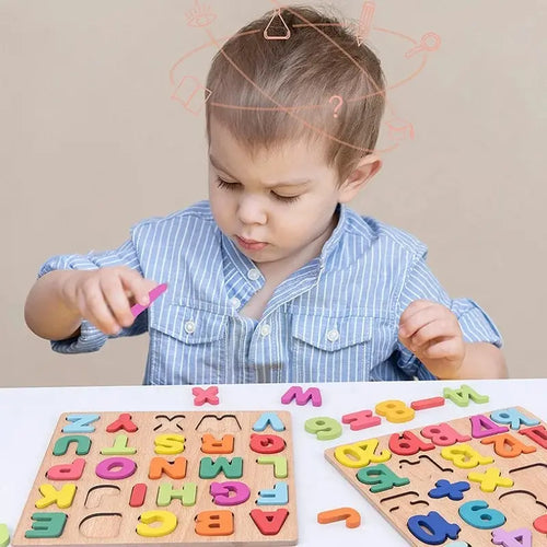3D Buntes Buchstaben- & Zahlenpuzzle aus Holz – Montessori Lernspielzeug für Mathematik & Buchstabenerkennung ab 2 Jahren