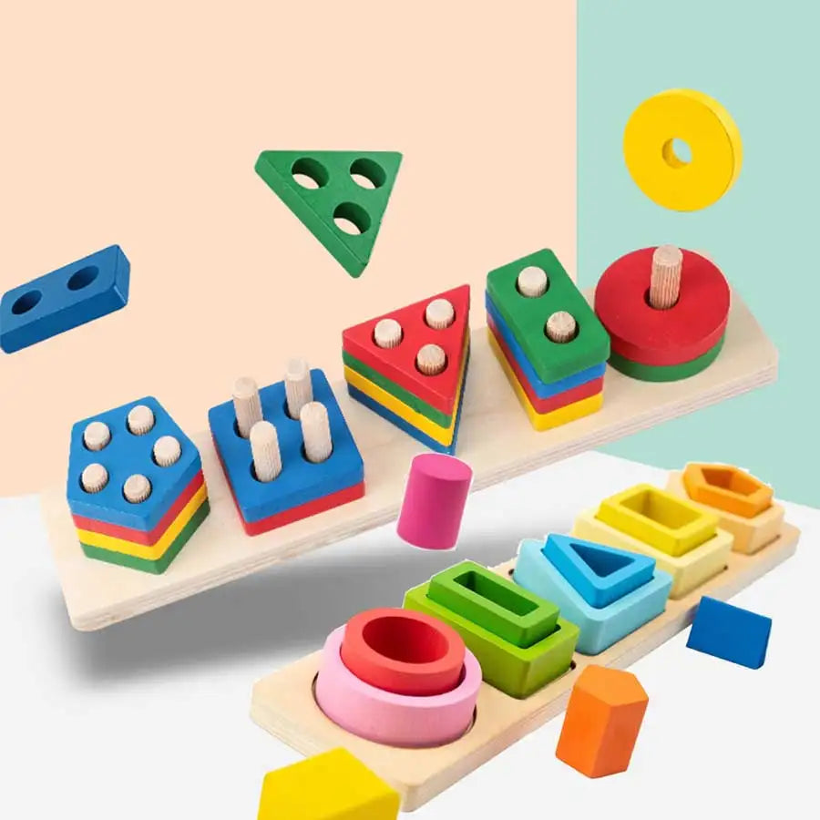 Montessori Holz-Geometriespielzeug – Buntes Stapel- & Sortierspielzeug für Kleinkinder & Vorschulkinder ab 3 Jahren