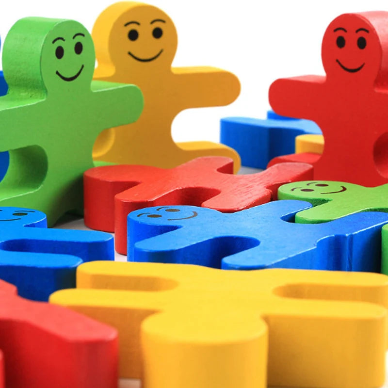 Holz-Balancierspiel mit Figuren-Bausteinen – Montessori Stapelspiel für Feinmotorik & Sortiervermögen