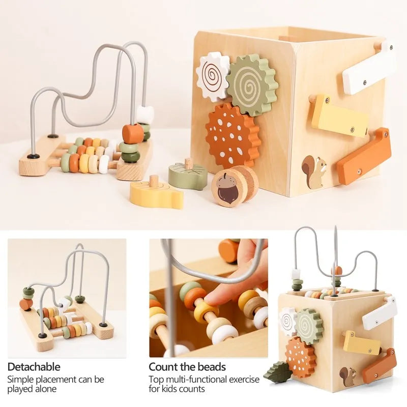 5-in-1 Holz-Aktivitätswürfel Waldthema – Montessori Lernspielzeug (ab 1 Jahr)