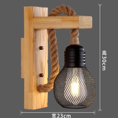 Retro Wandlampe aus Holz & Hanfseil – E27 Edison-Fassung