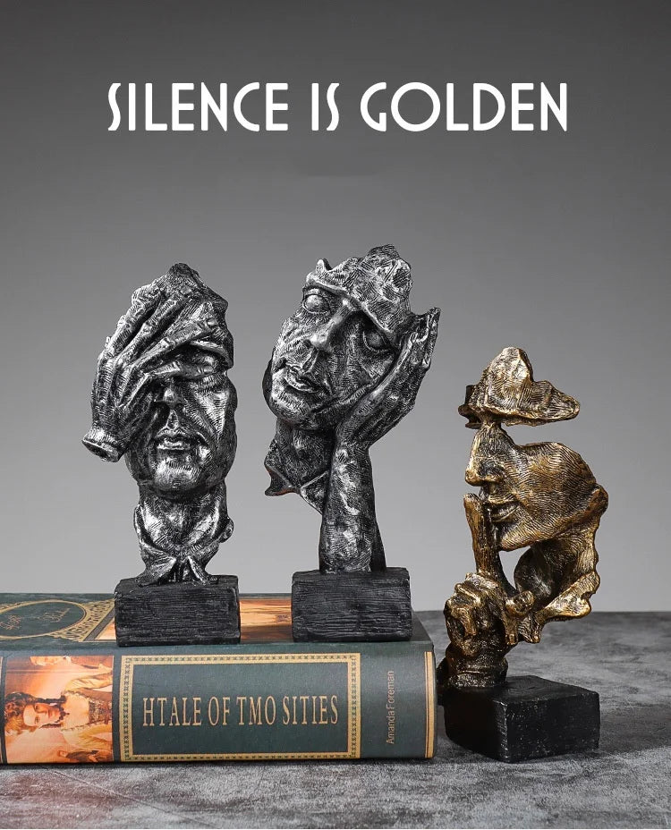 3er-Set Abstrakte Skulpturen „Schweigen ist Gold“ – 16 cm Resin