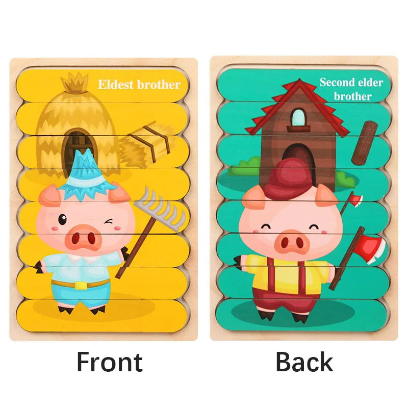 Doppelseitiges Holzpuzzle mit Cartoon-Tieren – Montessori Lernspielzeug für Kinder ab 3 Jahren
