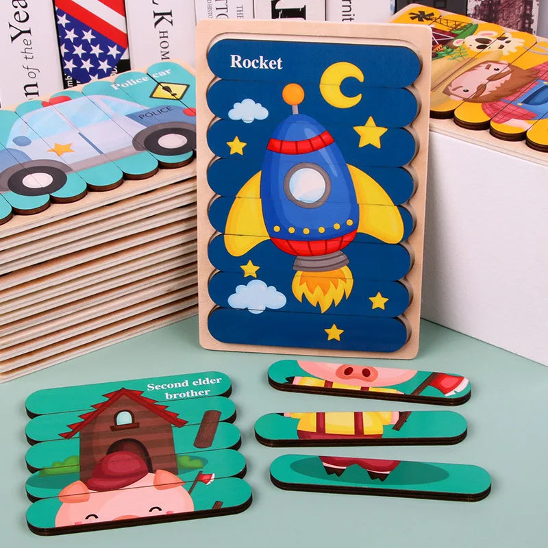 Doppelseitiges Holzpuzzle mit Cartoon-Tieren – Montessori Lernspielzeug für Kinder ab 3 Jahren