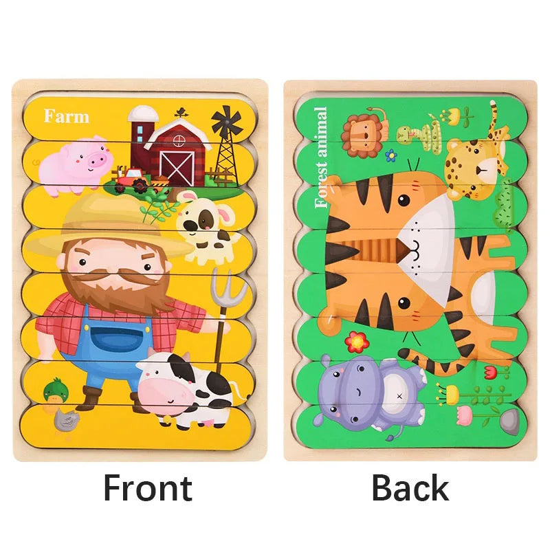 Doppelseitiges Holzpuzzle mit Cartoon-Tieren – Montessori Lernspielzeug für Kinder ab 3 Jahren