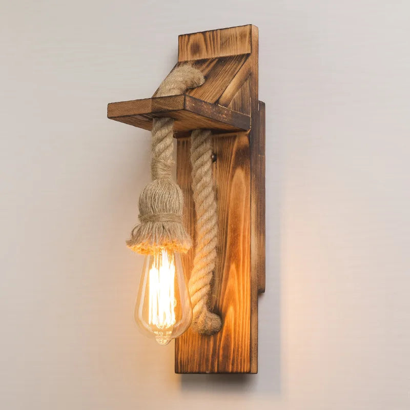 Retro Wandlampe aus Holz & Hanfseil – E27 Edison-Fassung