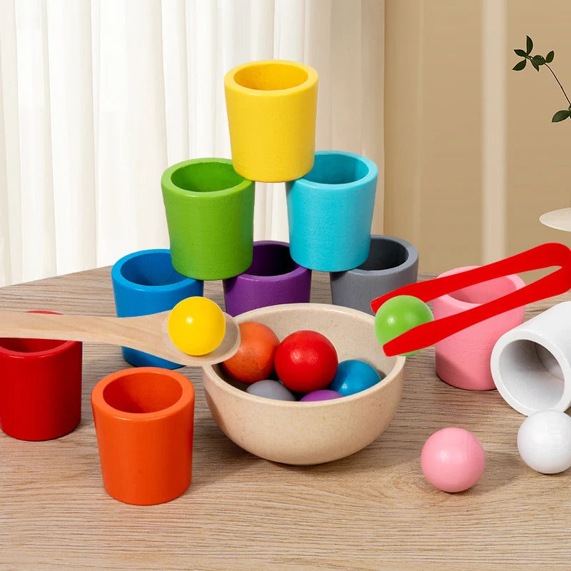 Montessori Holz-Farbsortierspiel mit Bechern & Perlen – Kognitives Lernspielzeug für Kinder ab 3 Jahren