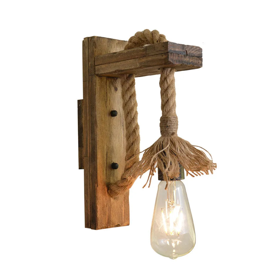 Retro Wandlampe aus Holz & Hanfseil – E27 Edison-Fassung