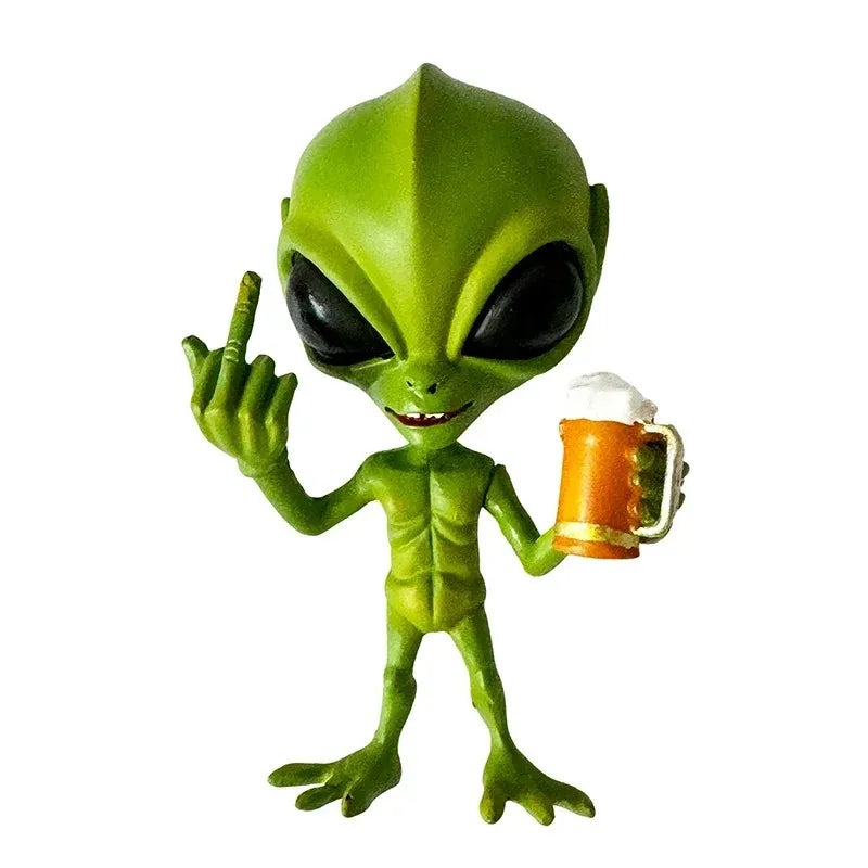 Alien Bier-Skulptur aus Harz – Witzige Gartenfigur mit lustigem Ausdruck, wetterfest für Innen & Außen