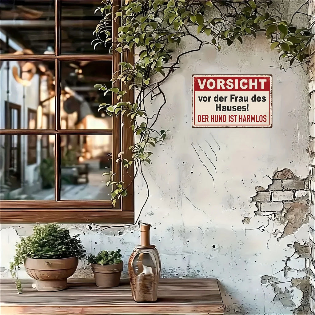 Witziges Metall-Wandschild – „Vorsicht vor der Frau des Hauses, der Hund ist harmlos“ – Retro
