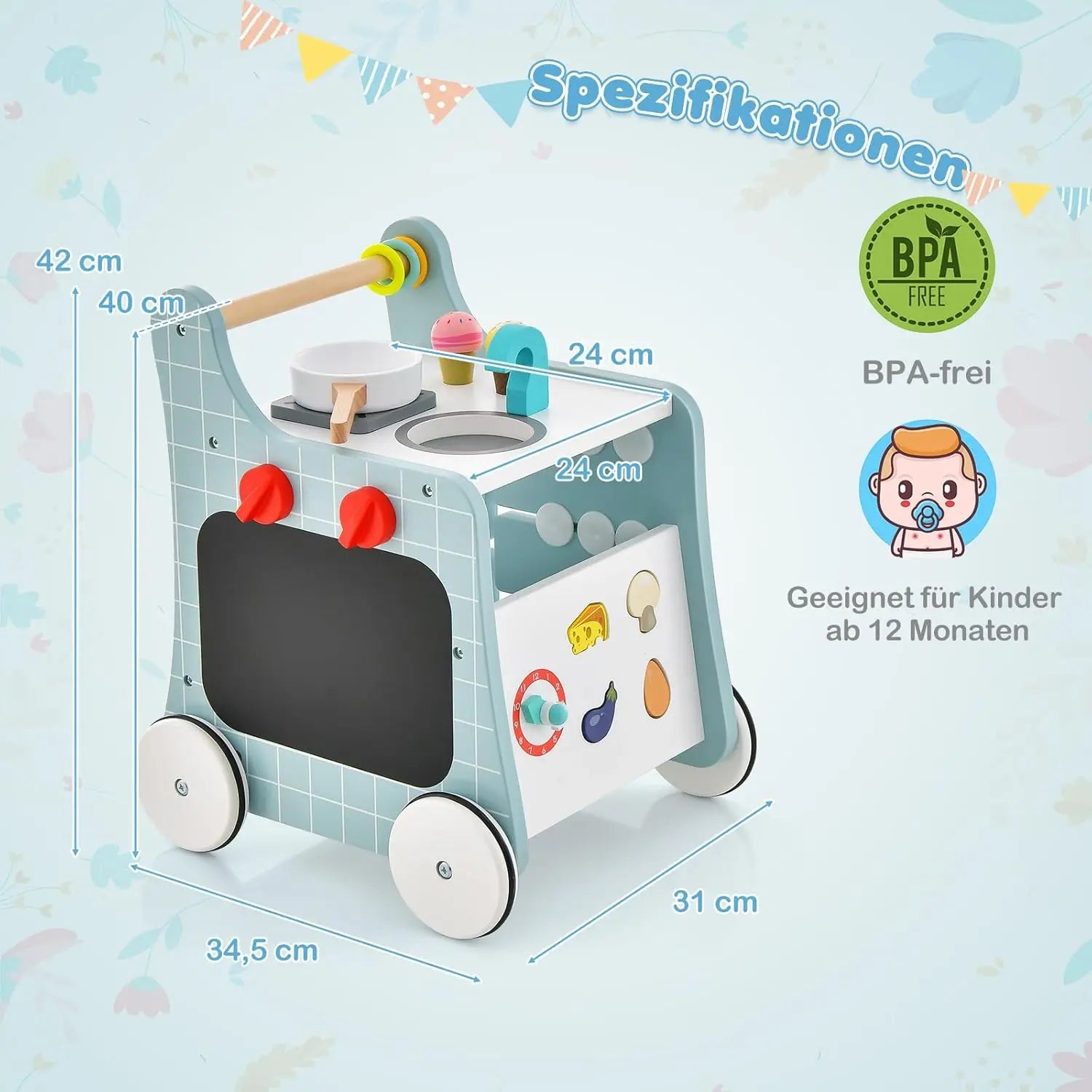 6-in-1 Holz Lauflernwagen mit Spielküche – Lernuhr, Formen & Schieber (ab 12 Monate)