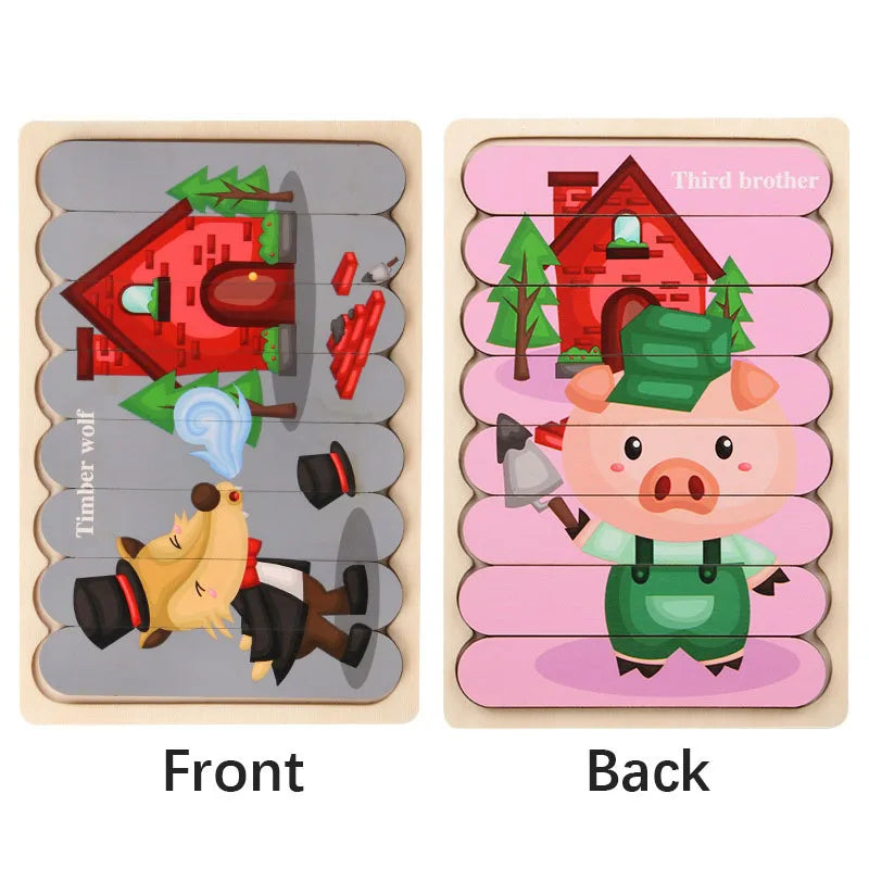 Doppelseitiges Holzpuzzle mit Cartoon-Tieren – Montessori Lernspielzeug für Kinder ab 3 Jahren