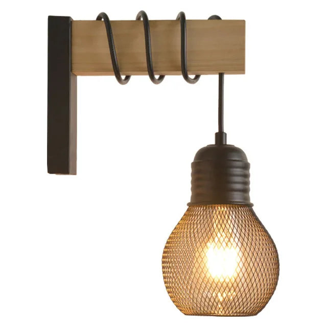 Retro Wandlampe aus Holz & Hanfseil – E27 Edison-Fassung