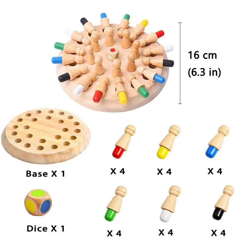 Montessori Gedächtnisschach aus Holz – Farblernspiel mit Würfel & Spielsteinen für Kinder ab 3 Jahren