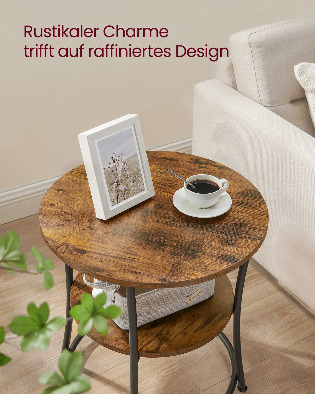 Beistelltisch rund – Couchtisch mit 2 Ablagen, Stahlgestell (54x54x55,5 cm)