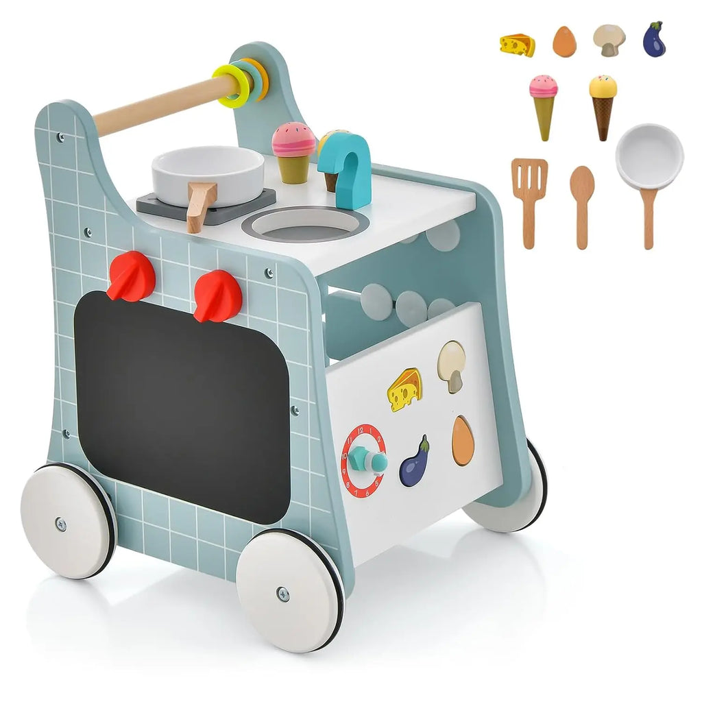 6-in-1 Holz Lauflernwagen mit Spielküche – Lernuhr, Formen & Schieber (ab 12 Monate)