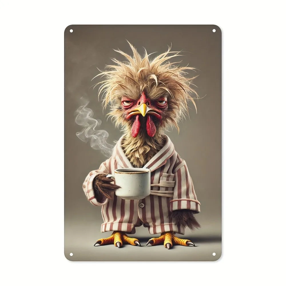Vintage Blechschild Hahn mit Kaffee – Rustikale Wanddeko für Küche, Café & Bar